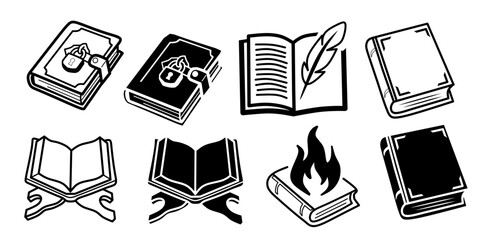 Set of book icons. Collection of various book symbols, including locked diary, open book with quill, and burning book. Vector illustration of reading material and literature icons. © PutriAlifiyah