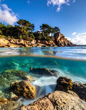 Split-level scenic shot revealing an above-water rocky shore with trees, and the clear turquoise sea with the rocks below