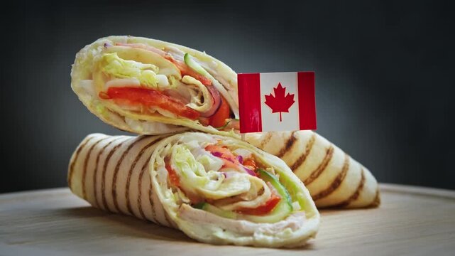 Spinning spicy donair sliced in half with tender spiced beef, crisp lettuce, tomatoes, cucumbers, onion, sweet sauce in soft flatbread and Canada flag