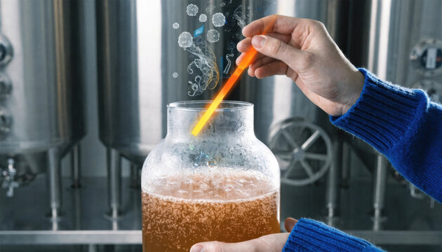 Crafting food technology experiment in brewery lab with glowing probe and bubbling fermenter