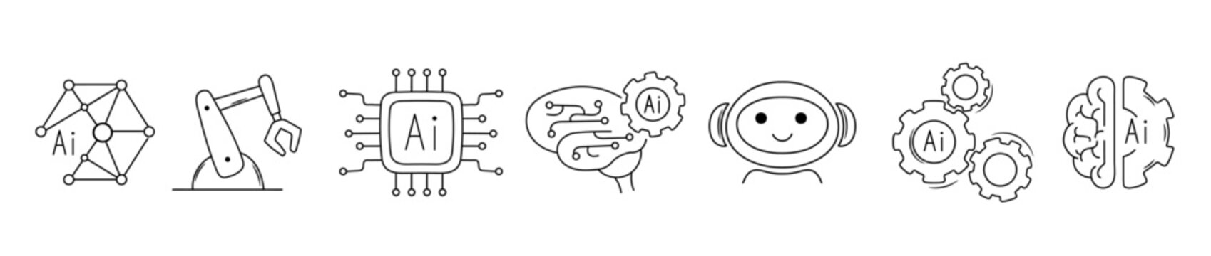 AI Automation Tools. Artificial Intelligence Icons Set Line Style AI Technology Automation and Robotics Symbols. Outline icon set.