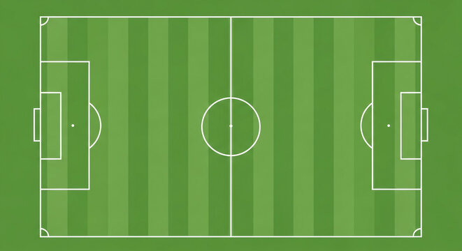 A brightly lit, top-down view of a regulation soccer field shows all the essential green pitch markings clearly.