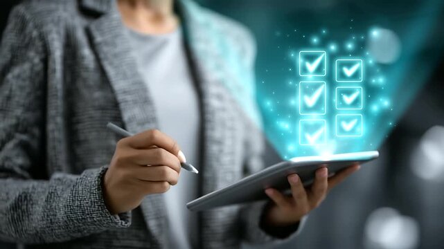 In modern business environments, businesswomen are leveraging digital tablets to approve service icons and ensure quality control through paperless checklists and virtual 