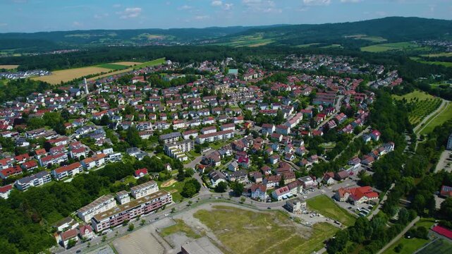 Aerial view of the city Backnang in Germany on a sunny day in spring.