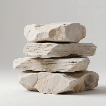 Stack of raw natural limestone slabs and flat stones with layered textured surfaces on plain background