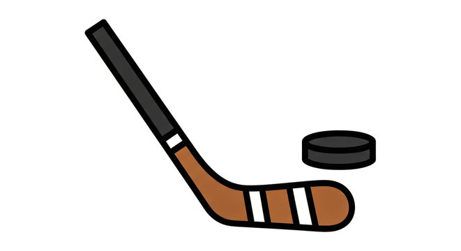 A simple cartoon illustration of a brown ice hockey stick and a black puck on a white background.