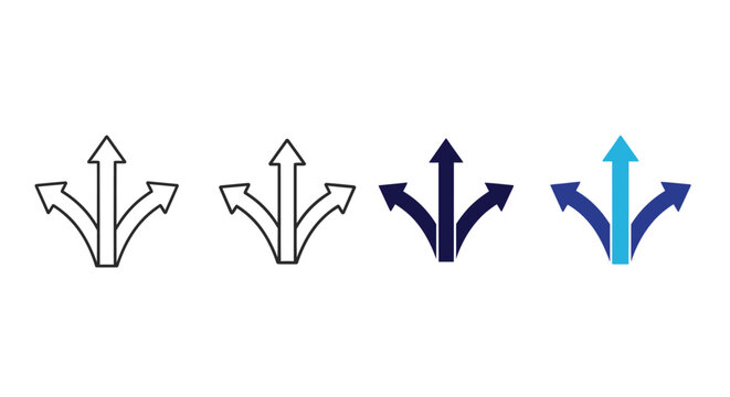 Vector graphic icon depicting three divergent arrows symbolizing strategic choices, multiple options, and paths forward in business or life or new directions
