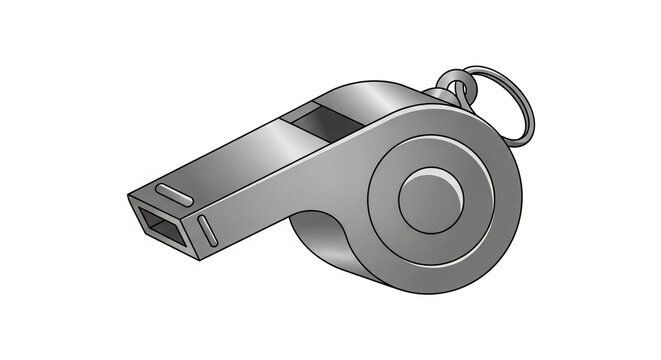 A metallic greyscale whistle with a key ring loop depicted on a clean white background.