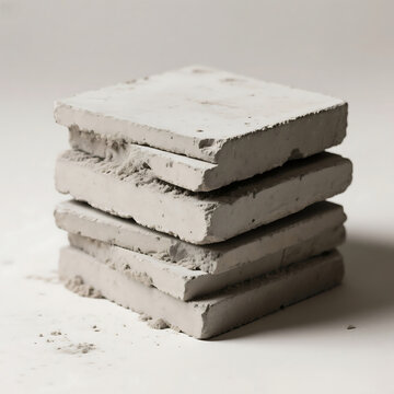 Stack of rough square concrete slabs and stone tiles with textured raw surfaces on plain background