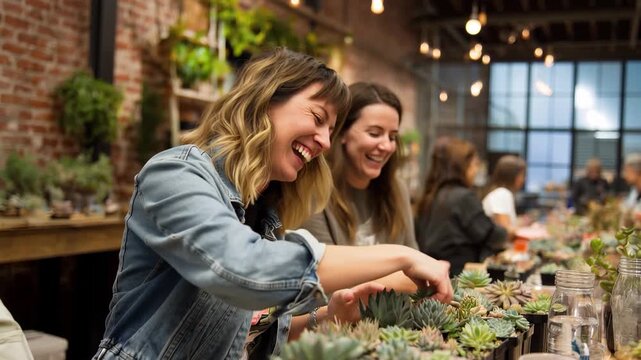 Participants enjoy a fun succulents workshop while laughing and learning in a bright, inviting urban space filled with plants and creativity