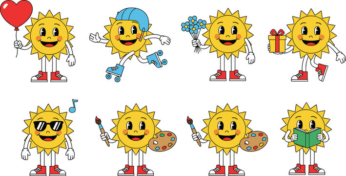 Vector illustration of cartoon sun characters with smiling faces performing activities including reading, painting, skating and music