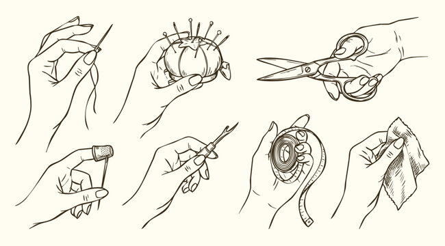Vintage Hand Drawn Sewing and Tailoring Illustration, Retro Hands with Crafting Tools Set