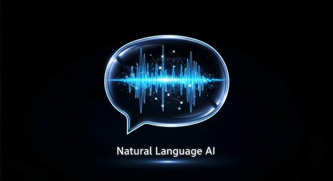 Concept of Natural Language Processing AI visualized as a glowing sound wave within a communication bubble, symbolizing advanced machine learning for speech and text analysis