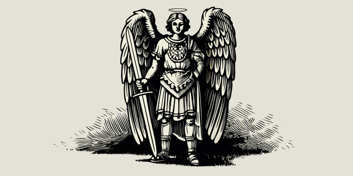 A vintage illustration of an angel warrior with sword and large wings