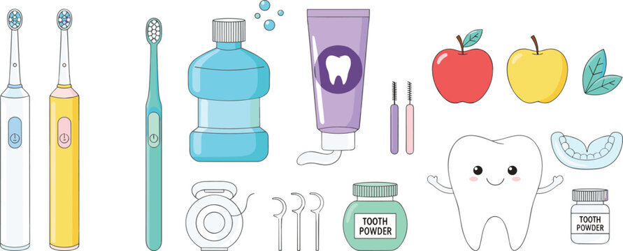 Vector illustration of dental hygiene tools including toothbrushes, toothpaste, floss, mouthwash, tooth powder and cartoon tooth character