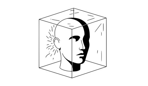 Mind Trapped in Box Mental Limitation Concept Black and White Line Art