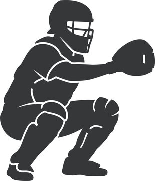 Flat black vector silhouette of a baseball catcher in a crouch, featuring a helmet and mitt. Minimalist graphic perfect for team logos, sports branding, league icons, and athletic apparel design.