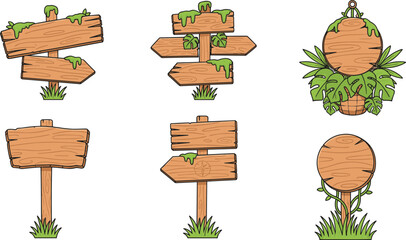 Vector illustration of rustic wooden signposts with moss and vines for nature or fantasy themes © Creative design