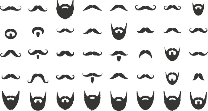 Vector illustration of various facial hair styles including mustaches and beards in black silhouette design