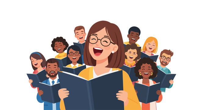 A diverse group of happy people enthusiastically performs in a vocal choir while holding open blue songbooks against a pristine white background.