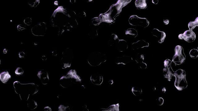Transparent fluid blobs floating in dark space. Abstract liquid bubble background. Science concept of physics with droplets moving in fluid environment and motion.