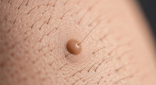 Close-up of a small, light-tan papule on human skin, surrounded by fine hairs