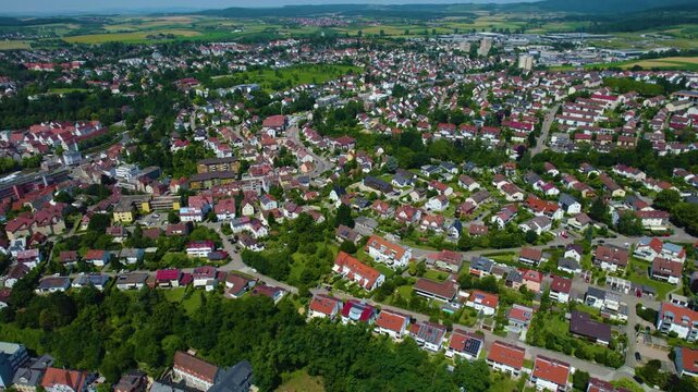 Aerial view of the city Backnang in Germany on a sunny day in spring.