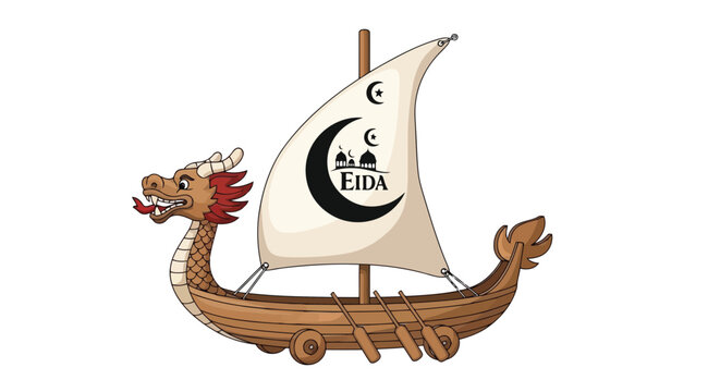 Dragon boat with sail featuring crescent moon and mosque illustration isolated on white background
