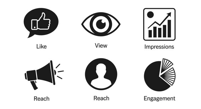 Essential black and white vector icons representing key social media analytics, digital marketing metrics, and audience engagement statistics for online performance tracking