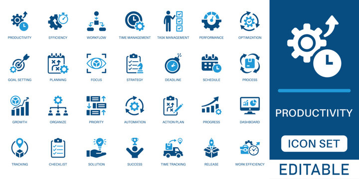 Productivity and efficiency icon set. featuring work efficiency, time management, workflow, strategy, task organization, and business growth in blue flat design style.
