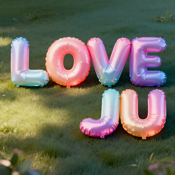 Pastel Iridescent Foil Balloons Spelling Love Ju on Grass