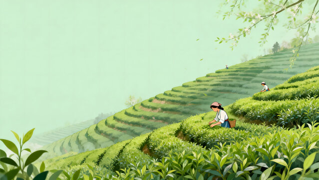 Tea pickers harvesting fresh green tea leaves on terraced hills under blooming cherry branches