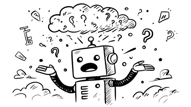 Cartoon of a surprised robot with open mouth and arms raised under a cloud of question marks