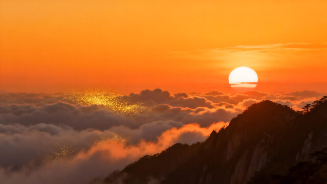 Sunrise over mountain peaks above sea of clouds with golden light