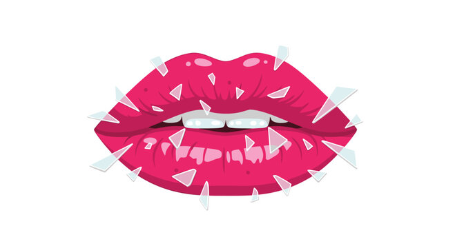 Meticulous magenta lips with bright white teeth are shown with many tiny triangular glass fragments scattering across the frame in a fine crystalline spray.