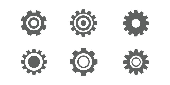 Gear Icon Set in Multiple Styles &ndash; Modern Settings, Cogwheel and Mechanism Symbols in Solid, Outline and Flat Design for UI, App and Web Interface