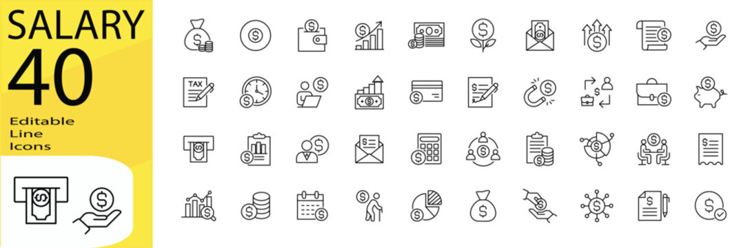 Salary icon set. Editable stroke.