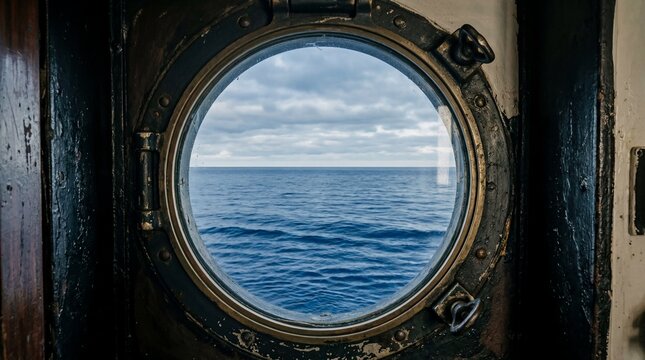 View of the calm ocean through a ship's porthole window with clouds in the sky during the daytime