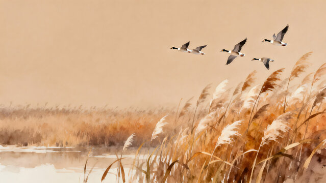 Four Canada geese flying over autumn reeds on misty water
