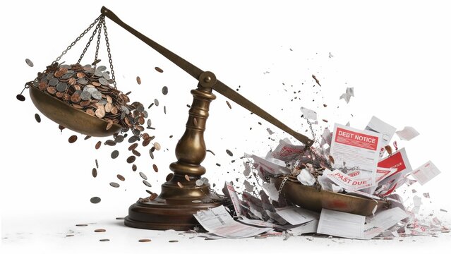 scale tipping with coins and debt notices representing financial imbalance and stress
