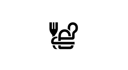 Minimalist black logo of a fork and spoon forming a snail shape on white background © ryo