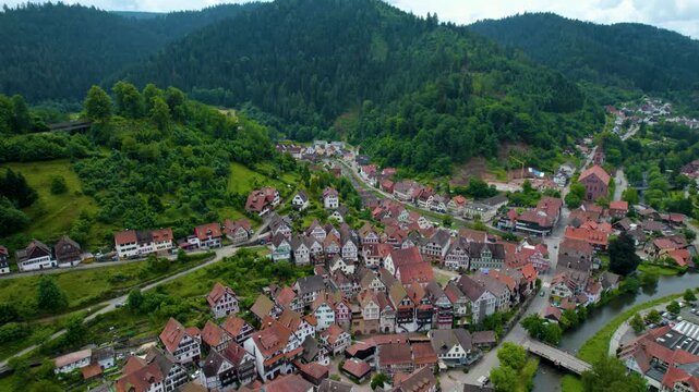 Aerial view around the city Schiltach in Germany. On cloudy day in spring beside the Black Forest