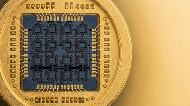 Close-up of quantum computing chip and technology dilution refrigerator, cryostat, cryogenic hardware, quantum cooling system, millikelvin background, copy space