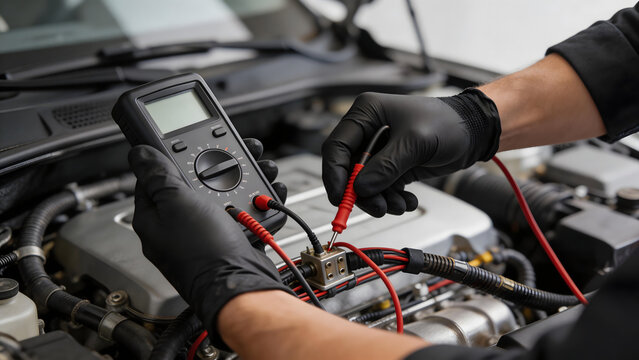 Mechanic Testing Car Engine with Multimeter