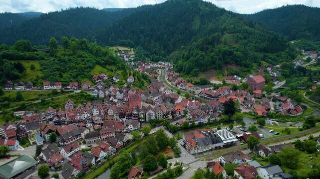 Aerial view around the city Schiltach in Germany. On cloudy day in spring beside the Black Forest