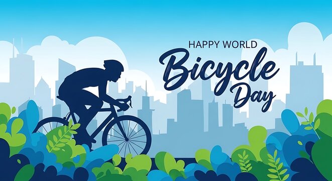 Happy world bicycle day vector illustration with cyclist in city