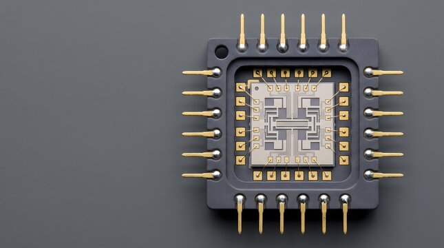 Microchip technology innovation and electronic components on grey background  dilution refrigerator, cryostat, cryogenic hardware, quantum cooling system, millikelvin background, copy space