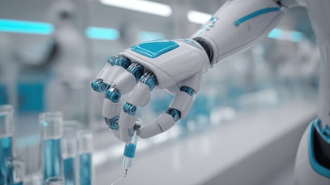 Robotic appendage delicately manipulates a medical injection device within a sterile laboratory setting.