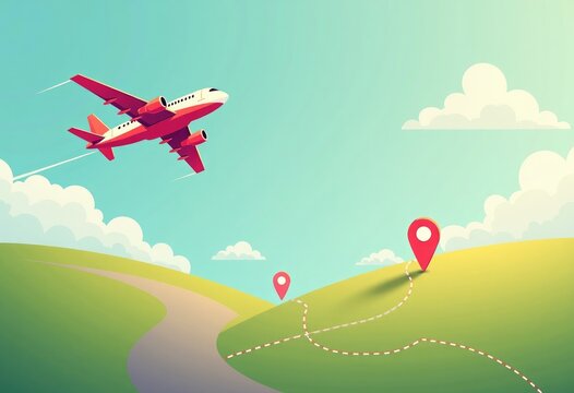 Airplane flying over green hills with dotted path and location markers, illustrating travel and navigation in a bright, stylized landscape