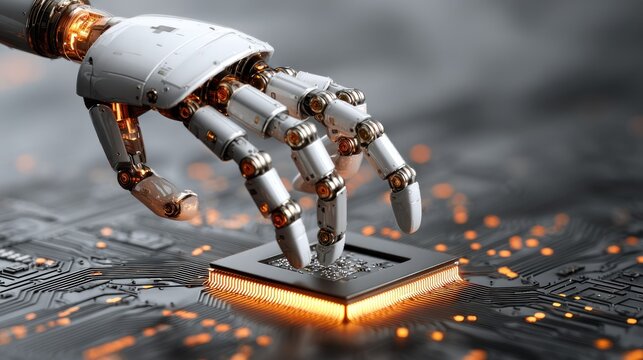 Robotic manipulator delicately positions a glowing central processing unit onto a complex electronic circuit board